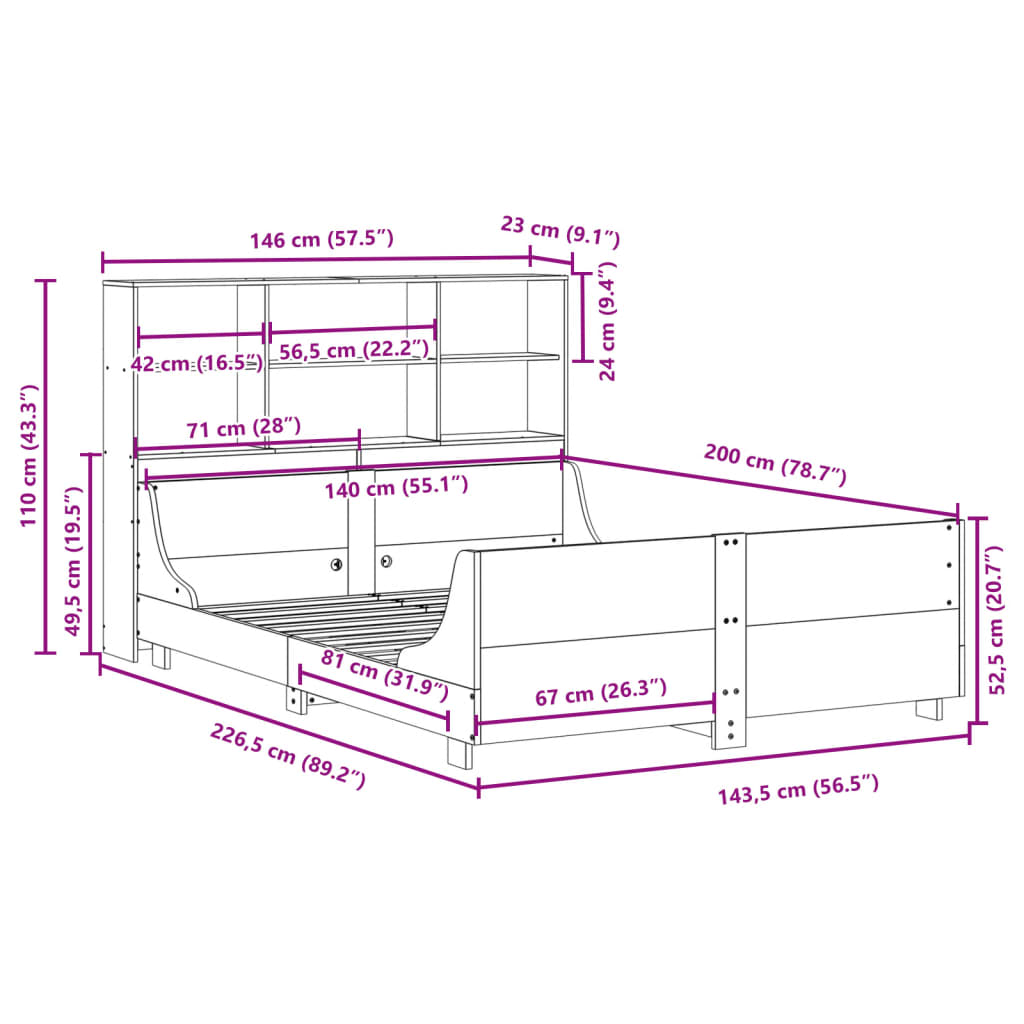 vidaXL Cama con estantería sin colchón madera maciza 140x200 cm