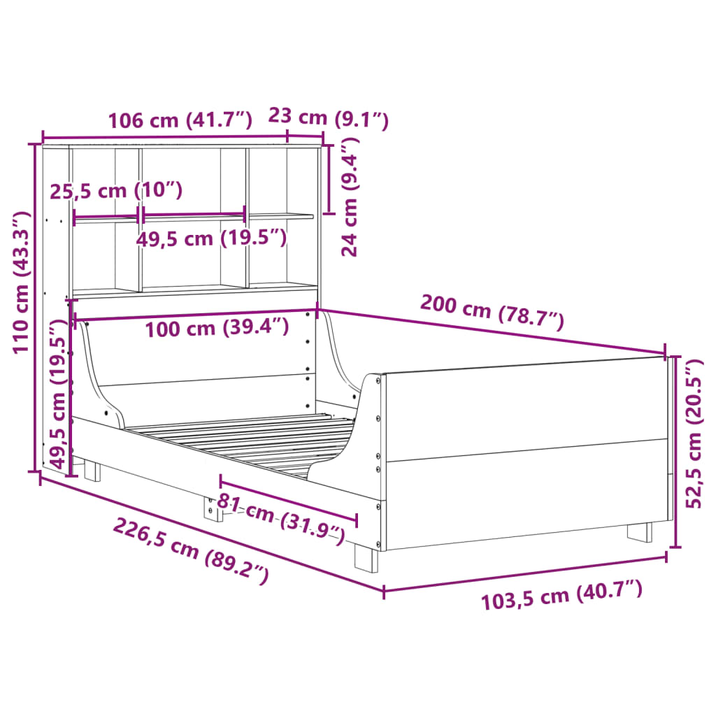 vidaXL Cama con estantería sin colchón madera maciza 100x200 cm