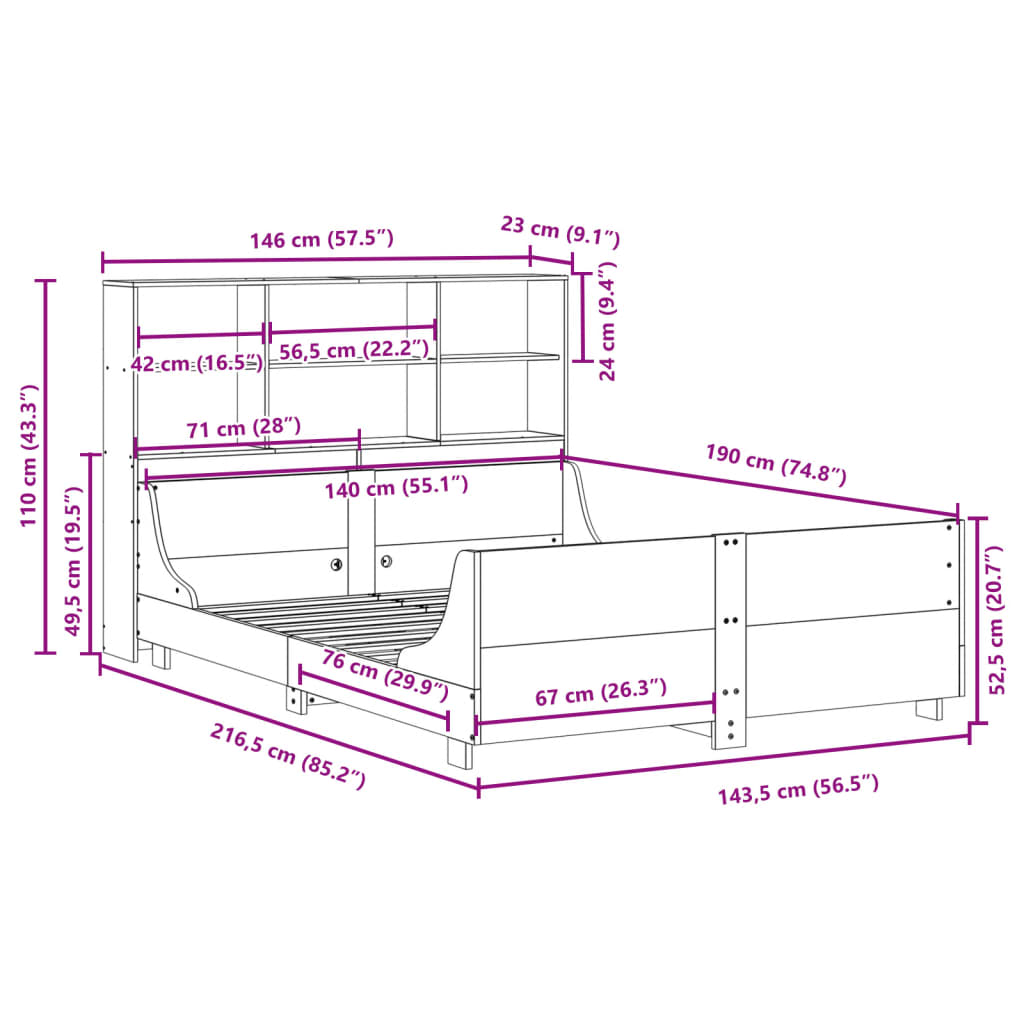 vidaXL Cama con estantería sin colchón madera maciza marrón 140x190 cm