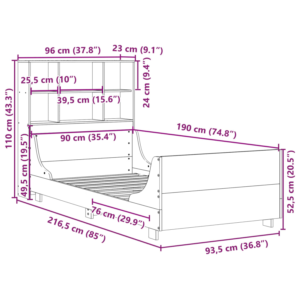 vidaXL Cama con estantería sin colchón madera maciza marrón 90x190 cm