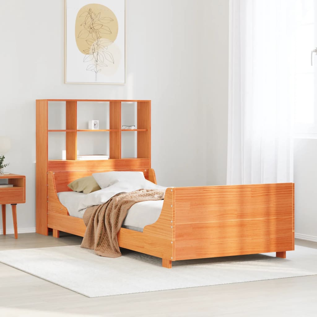 vidaXL Cama con estantería sin colchón madera maciza marrón 90x190 cm