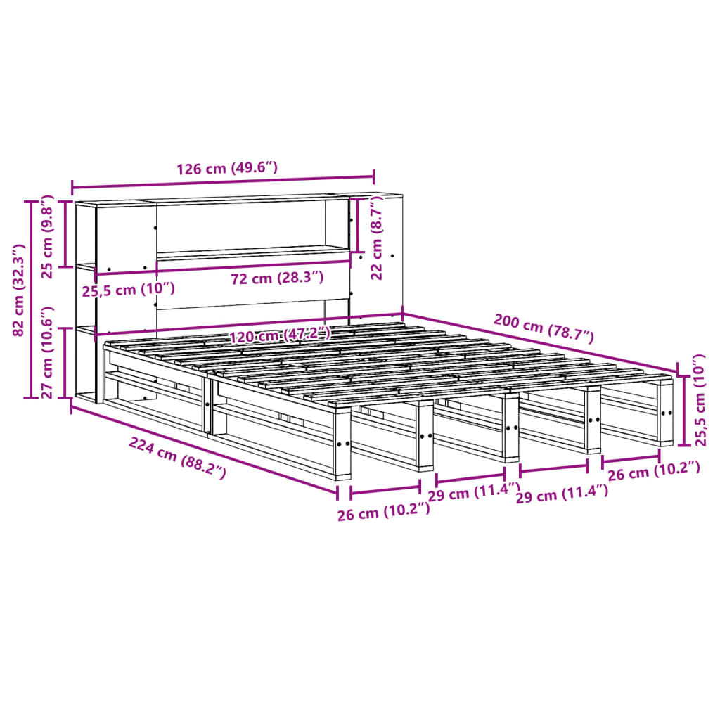 vidaXL Cama con estantería sin colchón madera maciza marrón 120x200cm