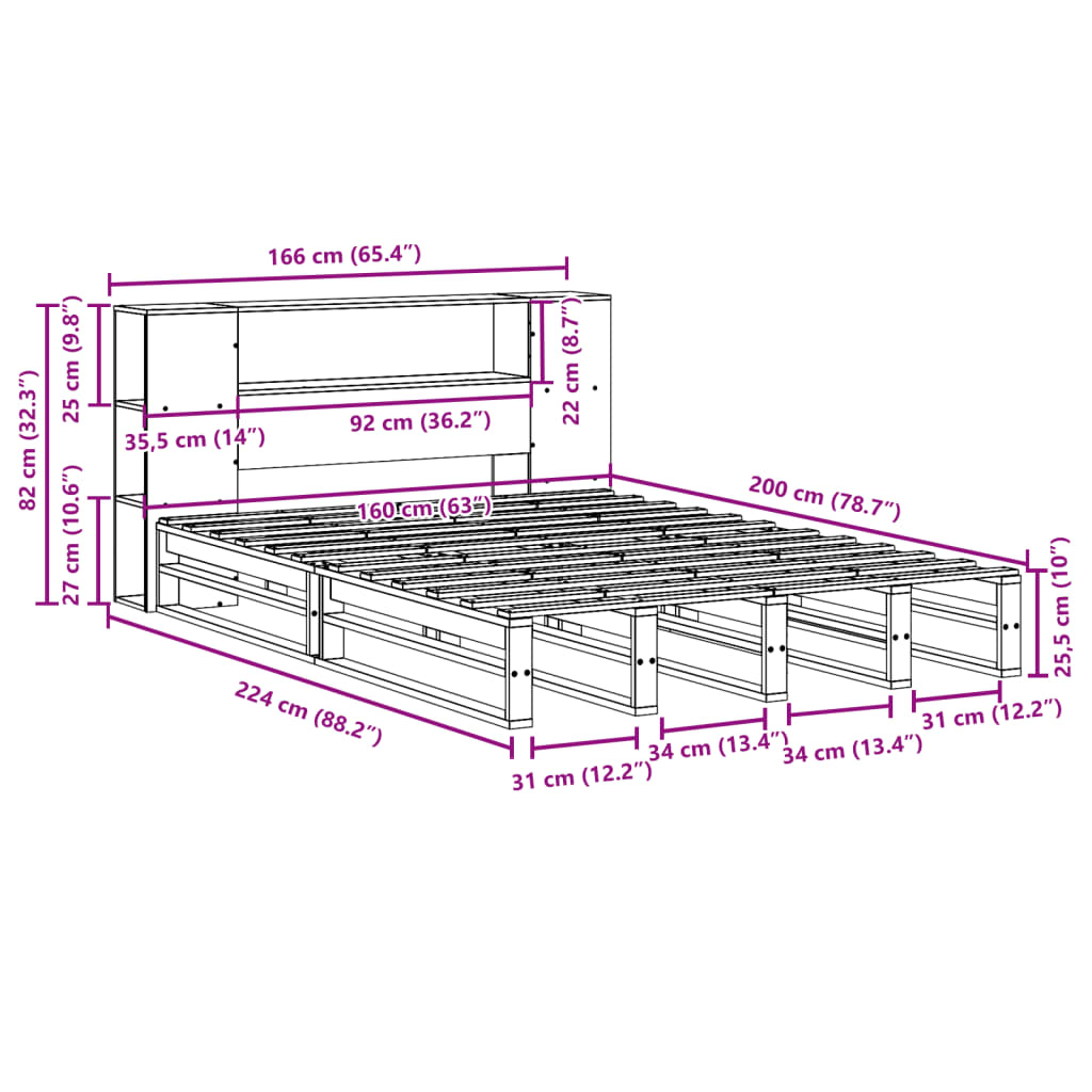 vidaXL Cama con estantería sin colchón madera maciza marrón 160x200 cm