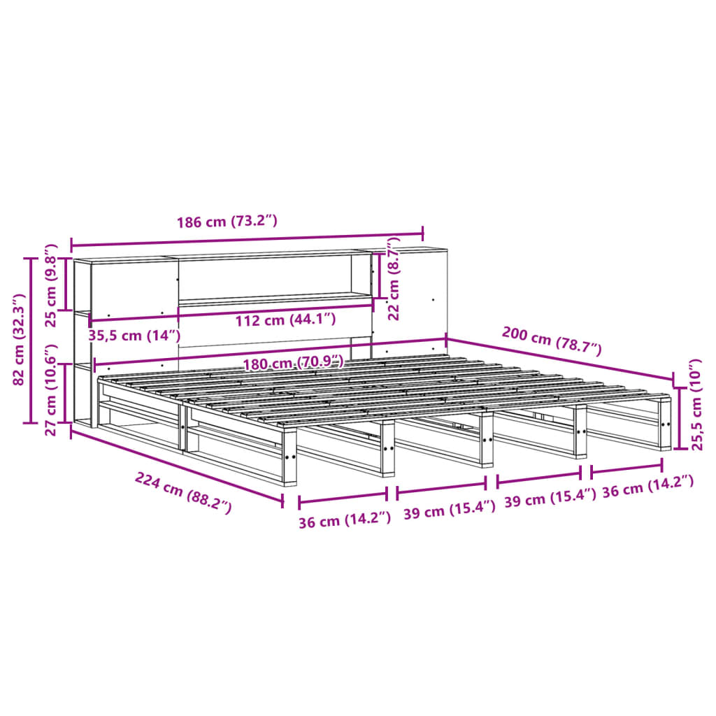 vidaXL Cama con estantería sin colchón madera maciza marrón 180x200 cm