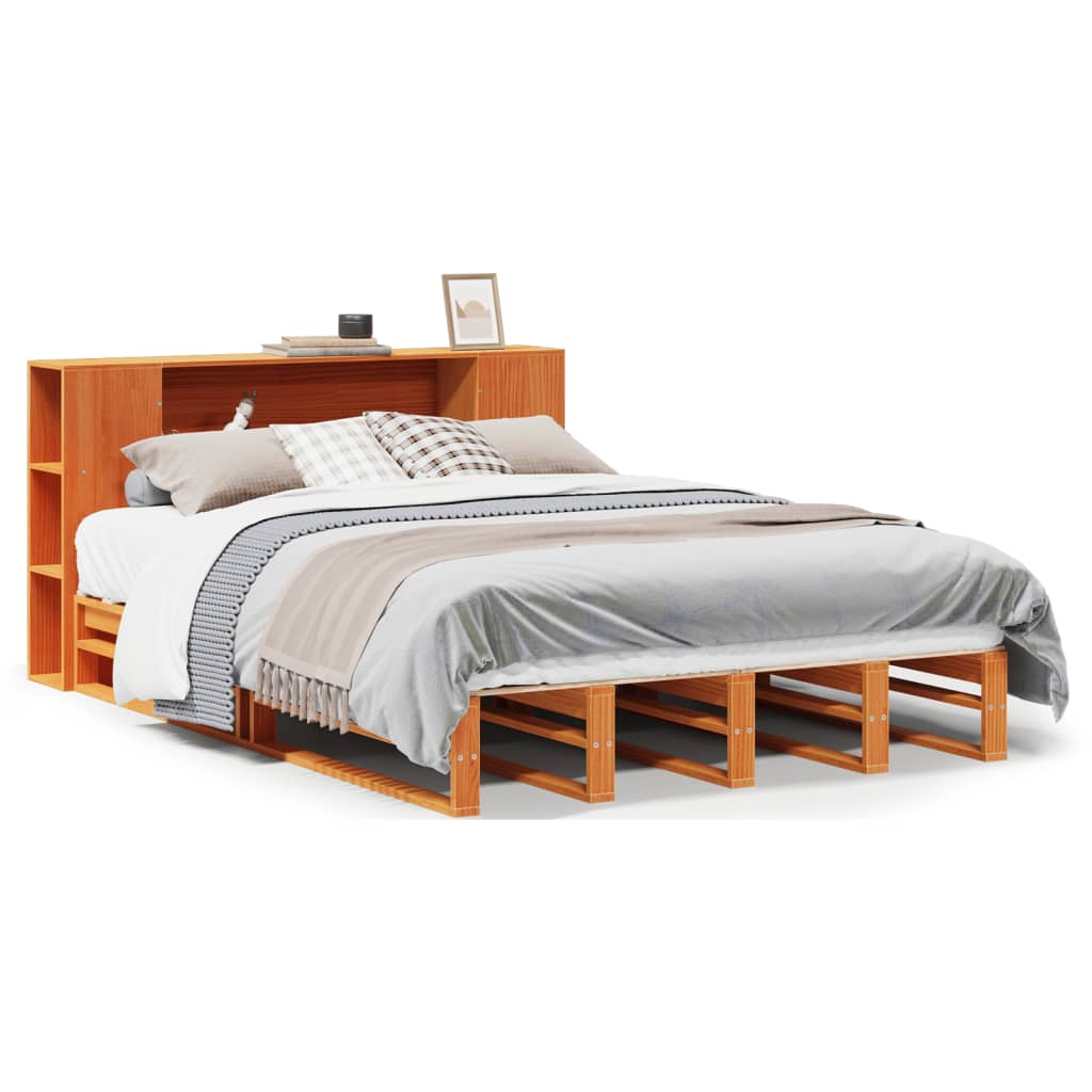 vidaXL Cama con estantería sin colchón madera maciza marrón 135x190 cm