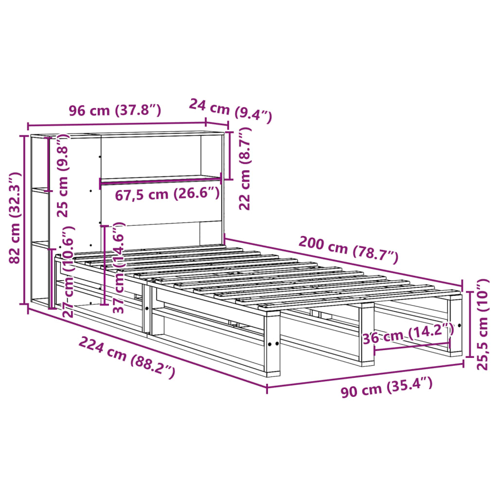 vidaXL Cama con estantería sin colchón madera maciza marrón 90x200 cm