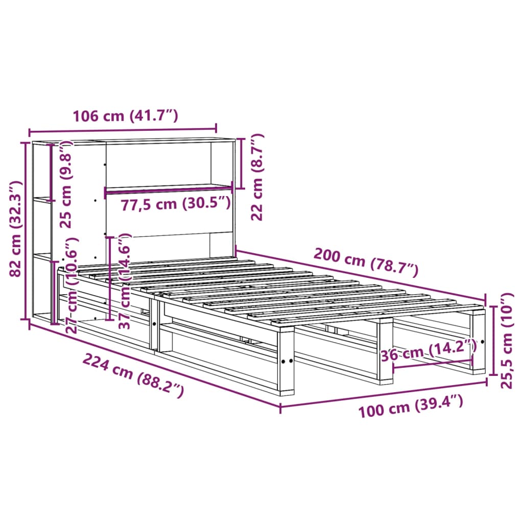 vidaXL Cama con estantería sin colchón madera maciza marrón 100x200 cm