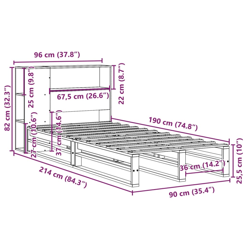 vidaXL Cama con estantería sin colchón madera maciza marrón 90x190 cm