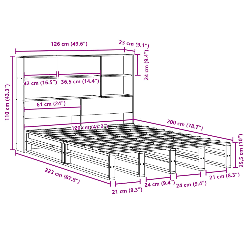 vidaXL Cama con estantería sin colchón madera maciza marrón 120x200cm