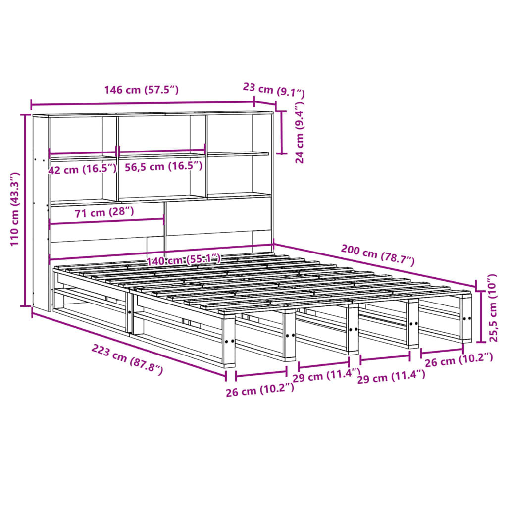 vidaXL Cama con estantería sin colchón madera maciza marrón 140x200cm