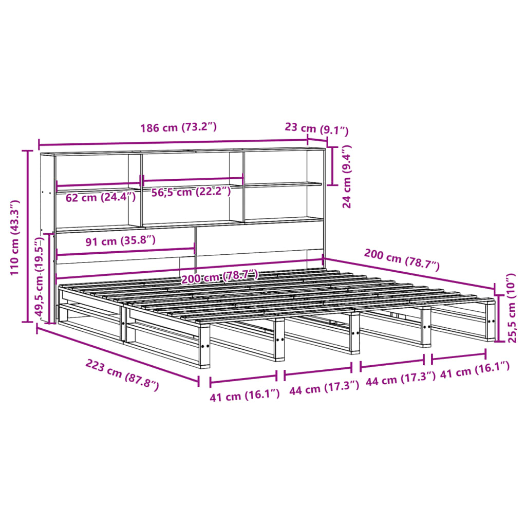 vidaXL Cama con estantería sin colchón madera maciza marrón 180x200 cm