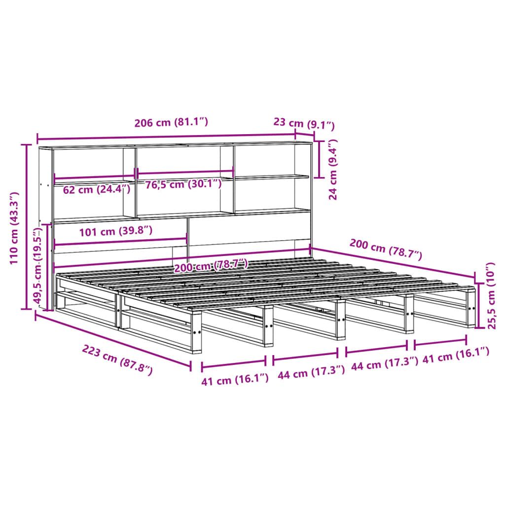 vidaXL Cama con estantería sin colchón madera maciza marrón 200x200 cm