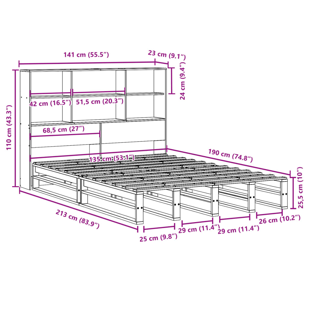 vidaXL Cama con estantería sin colchón madera maciza 135x190cm