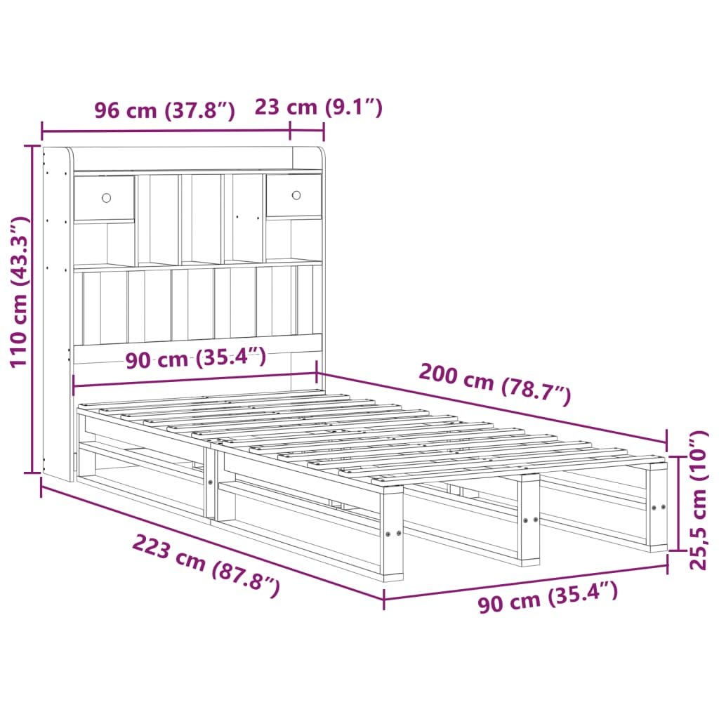 vidaXL Cama con estantería sin colchón madera maciza de pino 90x200 cm