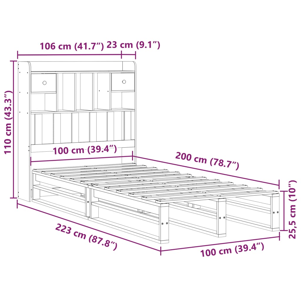 vidaXL Cama con estantería sin colchón madera maciza marrón 100x200 cm