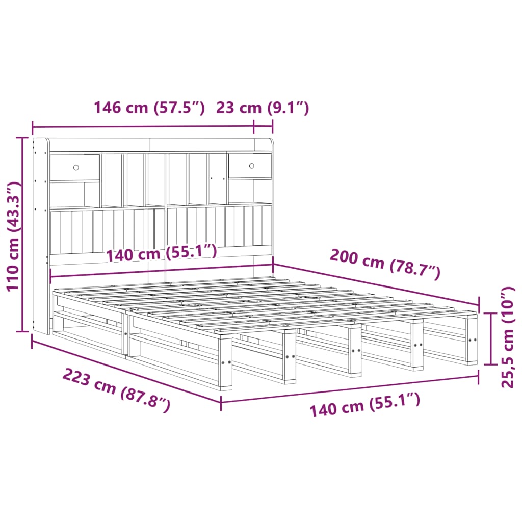 vidaXL Cama con estantería sin colchón madera maciza de pino 140x200cm