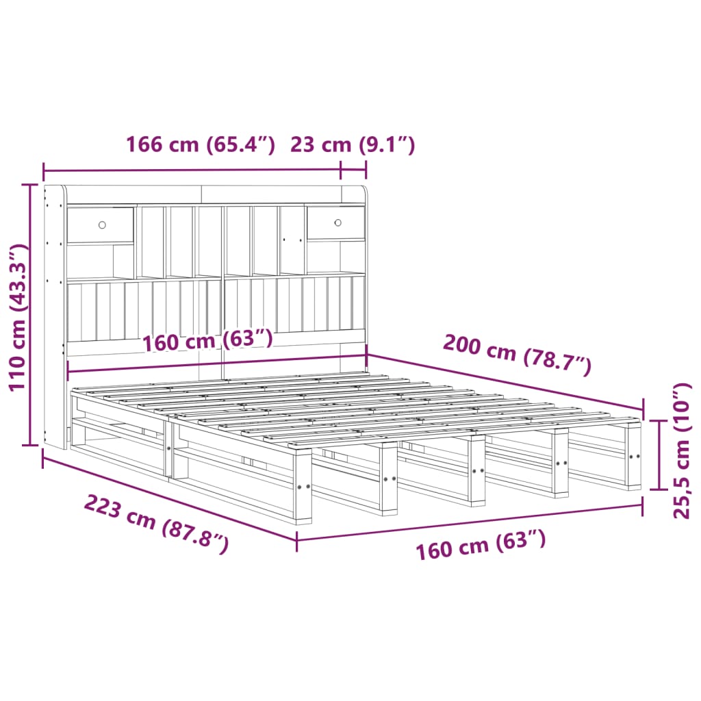 vidaXL Cama con estantería sin colchón madera maciza de pino 160x200cm