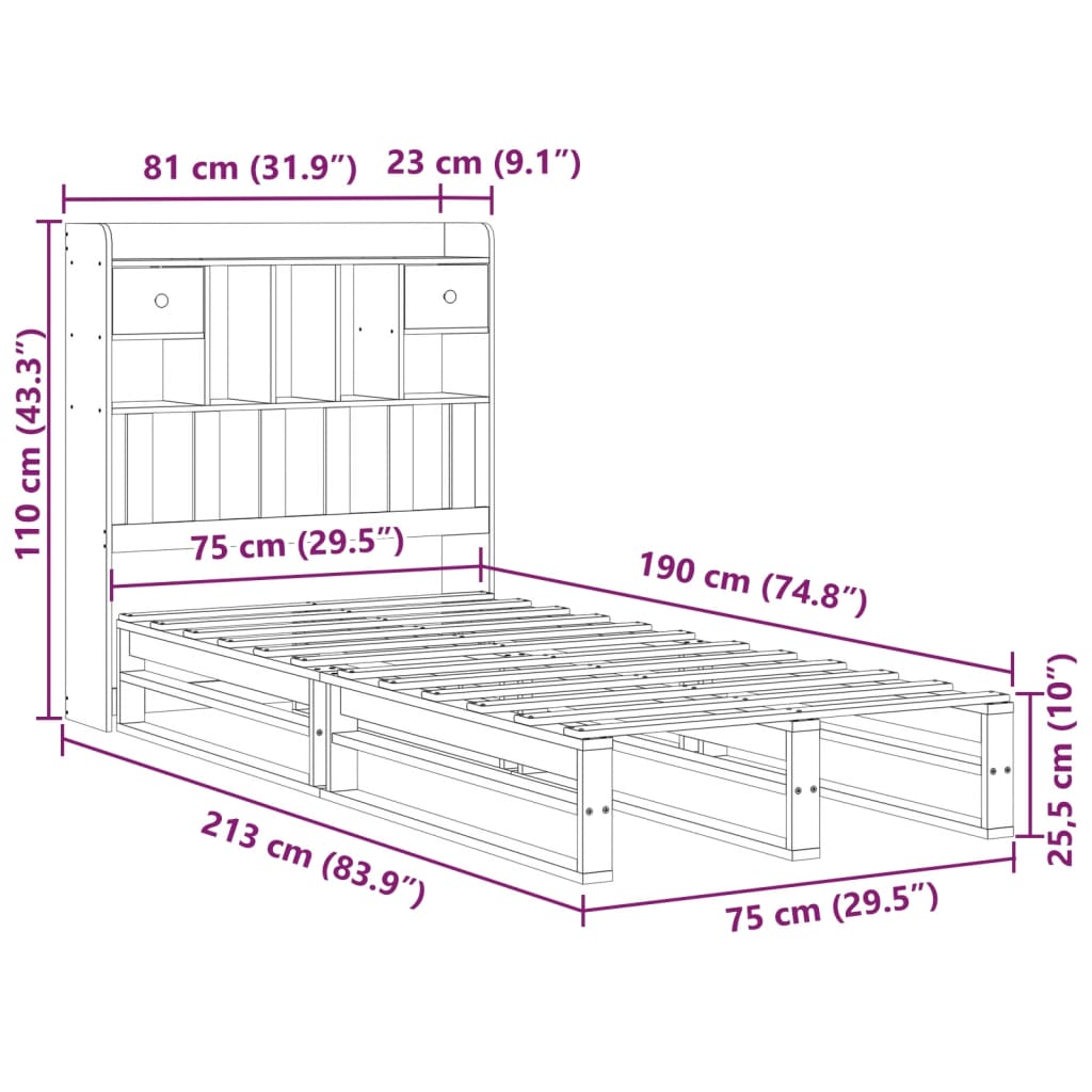 vidaXL Cama con estantería sin colchón madera maciza de pino 75x190 cm