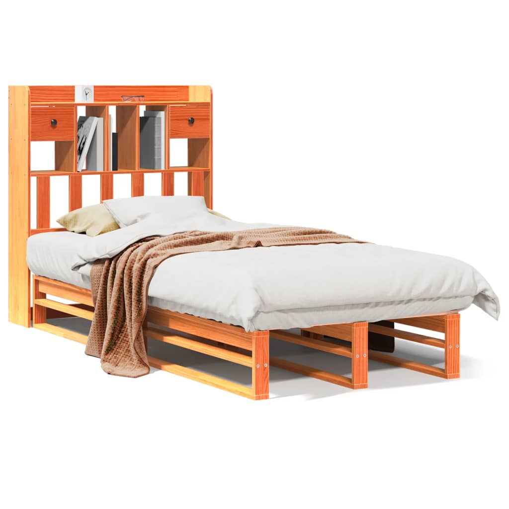 vidaXL Cama con estantería sin colchón madera maciza marrón 75x190 cm