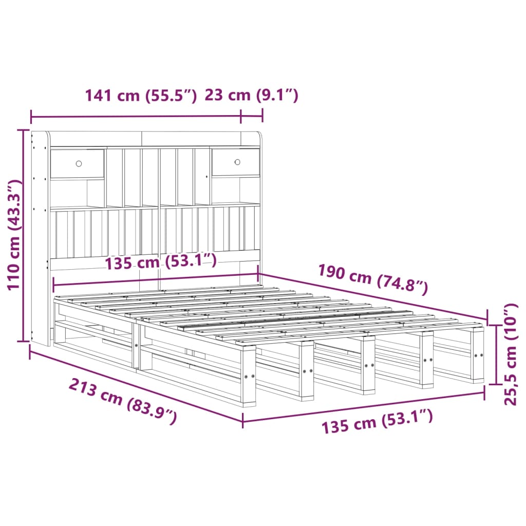 vidaXL Cama con estantería sin colchón madera maciza de pino 135x190cm