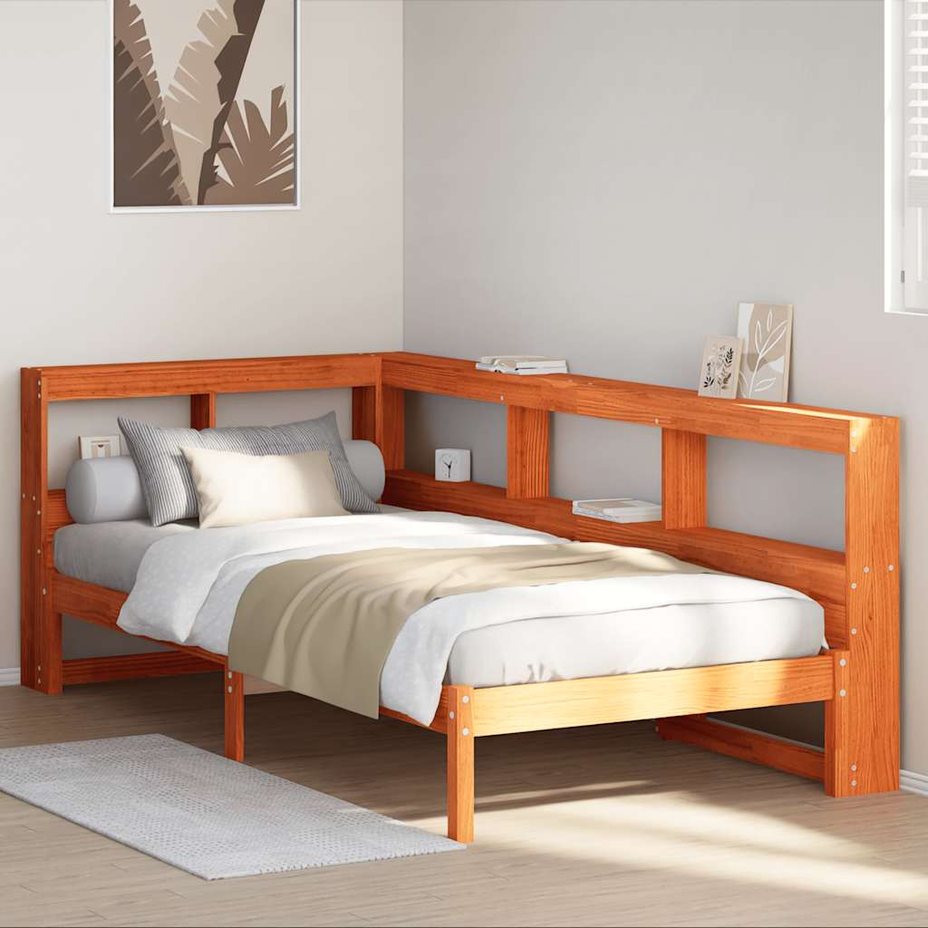 vidaXL Cama con estantería sin colchón madera maciza marrón 75x190 cm