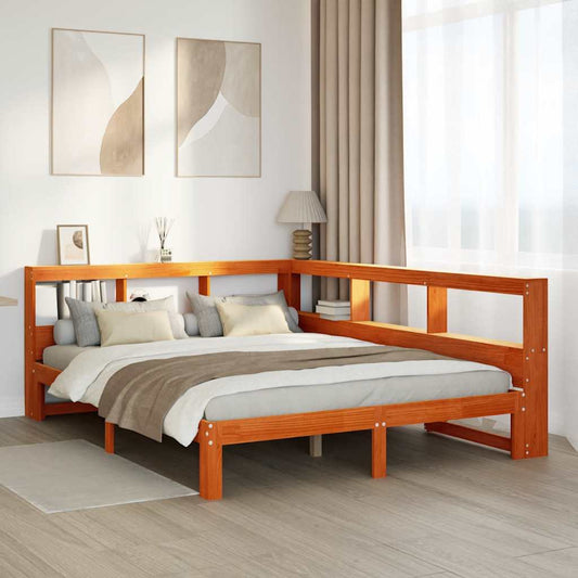 vidaXL Cama con estantería sin colchón madera maciza marrón 135x190cm