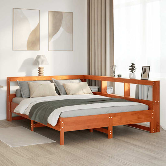 vidaXL Cama con estantería sin colchón madera maciza marrón 140x190 cm