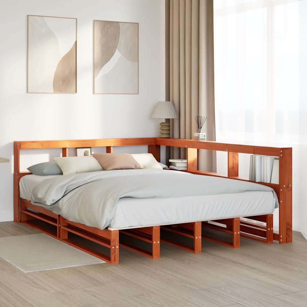 vidaXL Cama con estantería sin colchón madera maciza marrón 150x200 cm