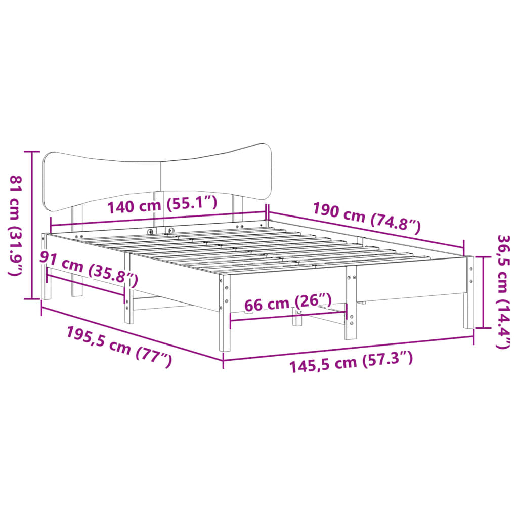 vidaXL Cama sin colchón madera maciza de pino marrón cera 140x190 cm