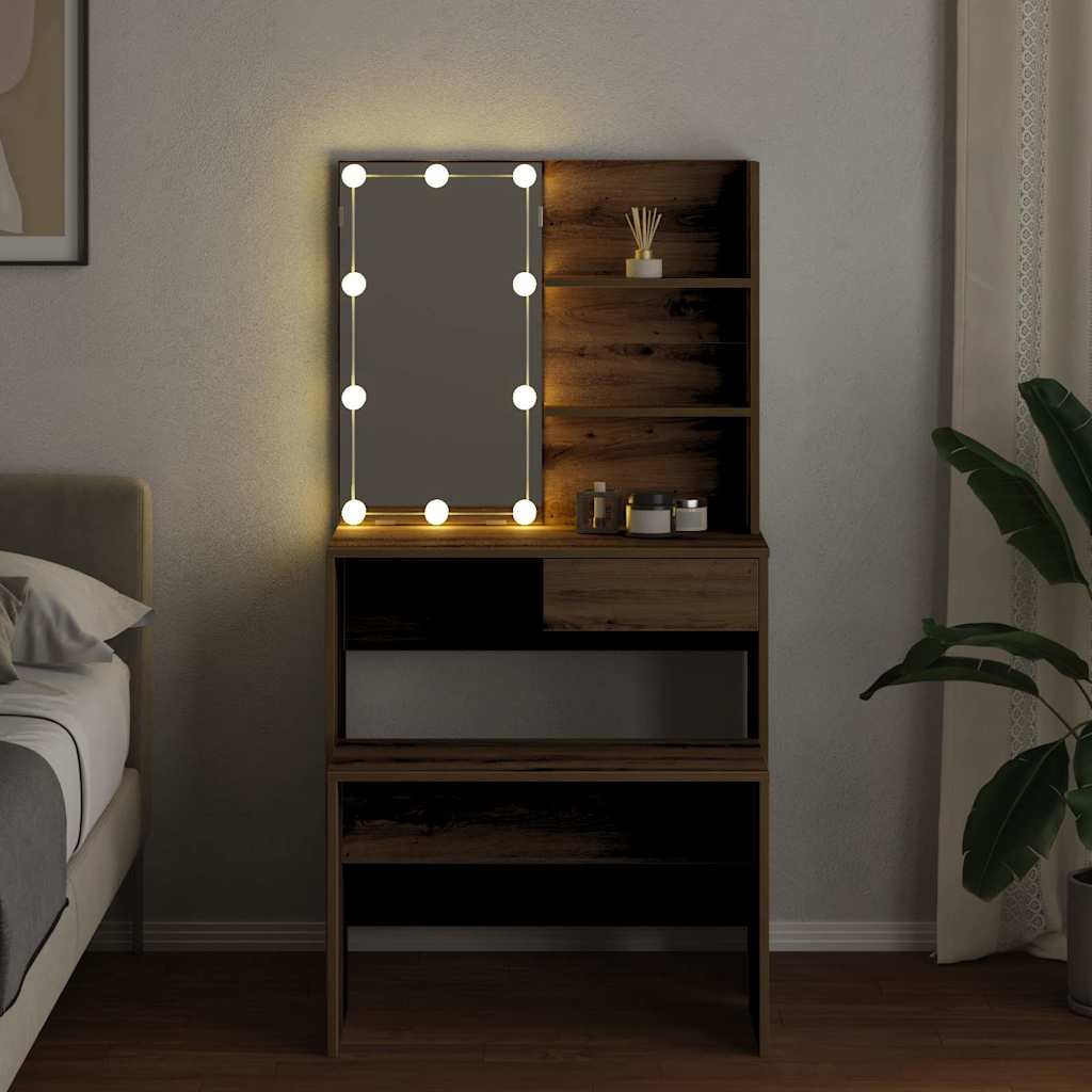 vidaXL Juego de tocador con LED madera artesanal de roble