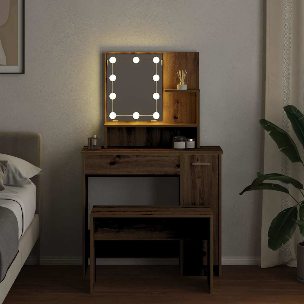 vidaXL Juego de tocador con LED madera artesanal de roble