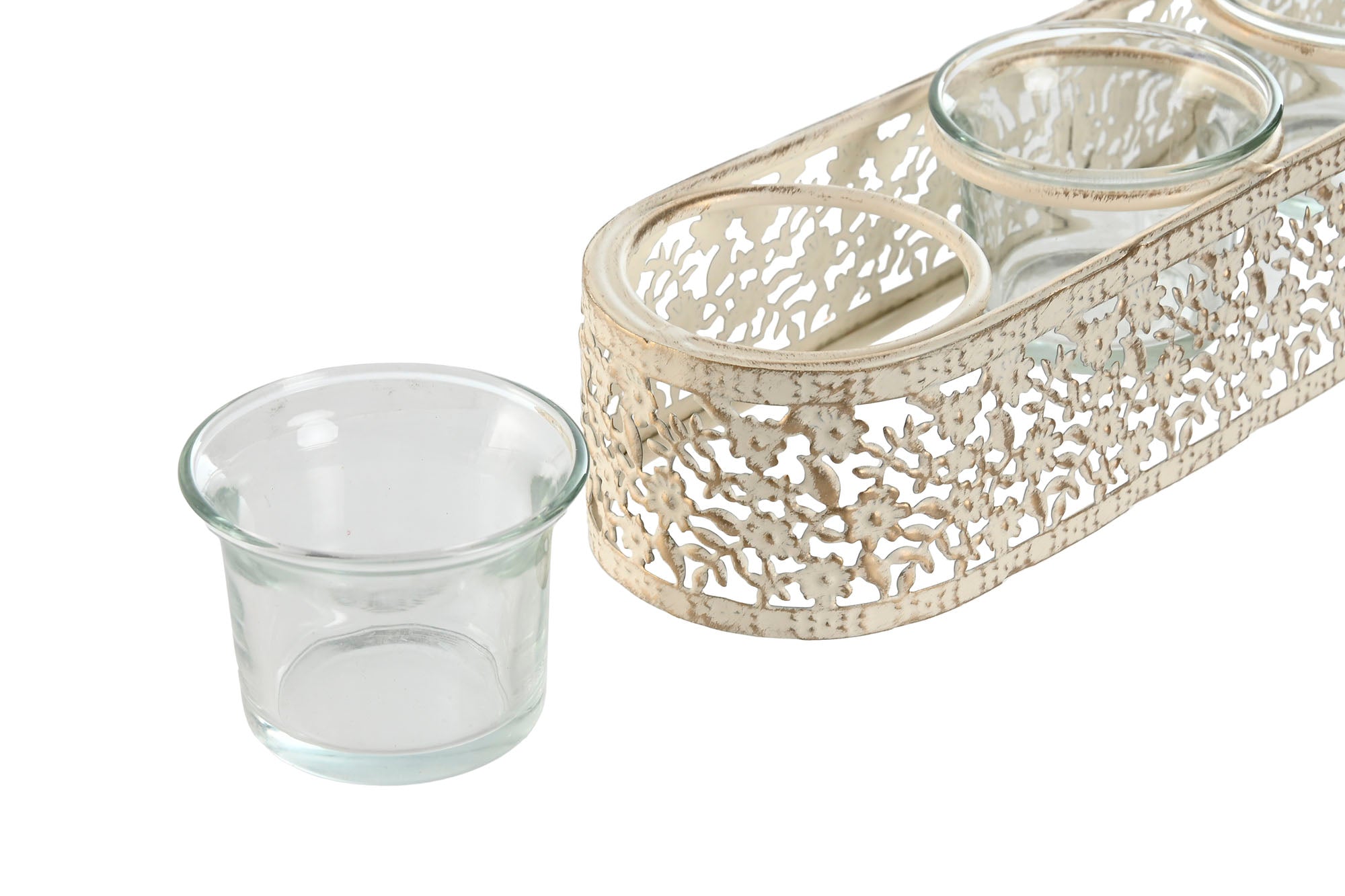 PORTAVELA METAL CRISTAL 31X7X5 4 VELAS DESGASTADO - Imagen 2