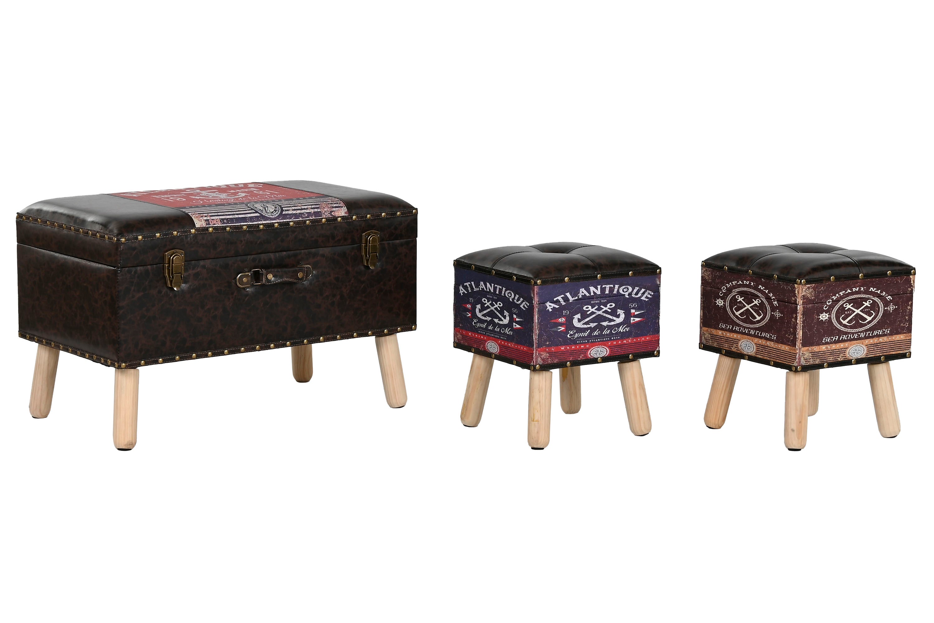 BAUL SET 3 MADERA PU 70X40X45 VINTAGE MULTICOLOR - Imagen 1